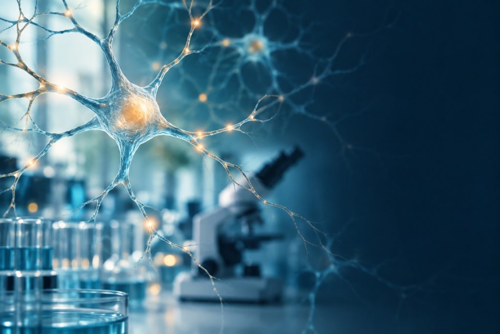 Illustration of a motor neurone with glowing connections in front of a blurred laboratory bench with a microscope and test tubes
